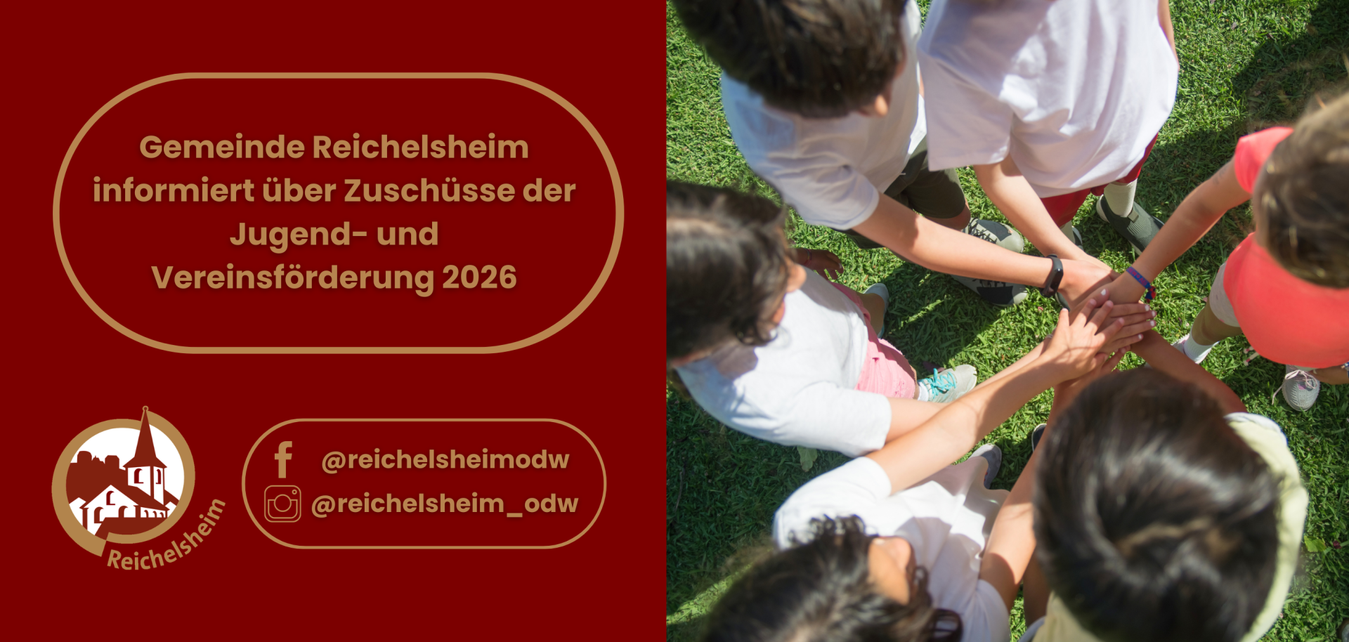 Plakat der Gemeinde Reichelsheim: Info zu Zuschüssen der Jugend- und Vereinsförderung 2026. Rechts legen Kinder im Kreis die Hände zusammen.
