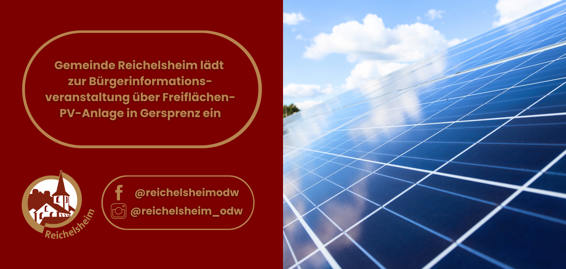 Gemeinde Reichelsheim lädt zur Bürgerinformationsveranstaltung über Freiflächen-PV-Anlage in Gersprenz ein Hinweisgrafik: Gemeinde Reichelsheim lädt zur Bürgerinformationsveranstaltung über eine Freiflächen-PV-Anlage in Gersprenz ein; Solarpanels im Bild.