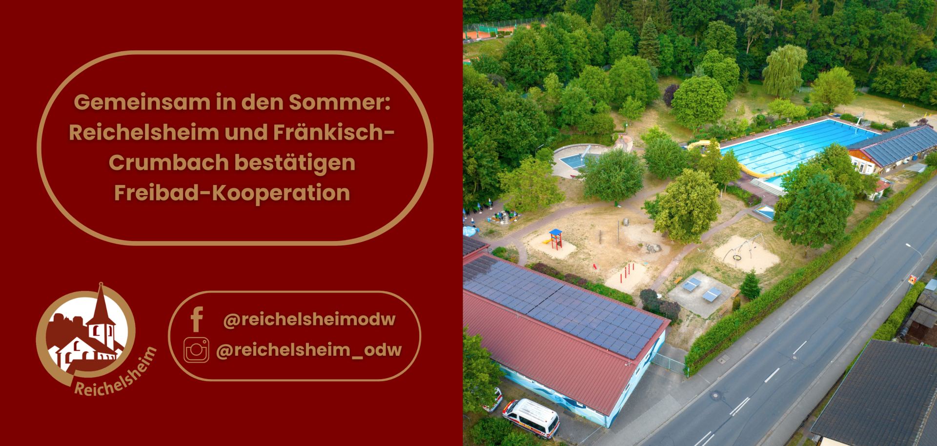 Text zu Freibad-Kooperation Reichelsheim und Fränkisch‑Crumbach; daneben Luftaufnahme eines Freibads mit Becken, Spielplatz und Bäumen.
