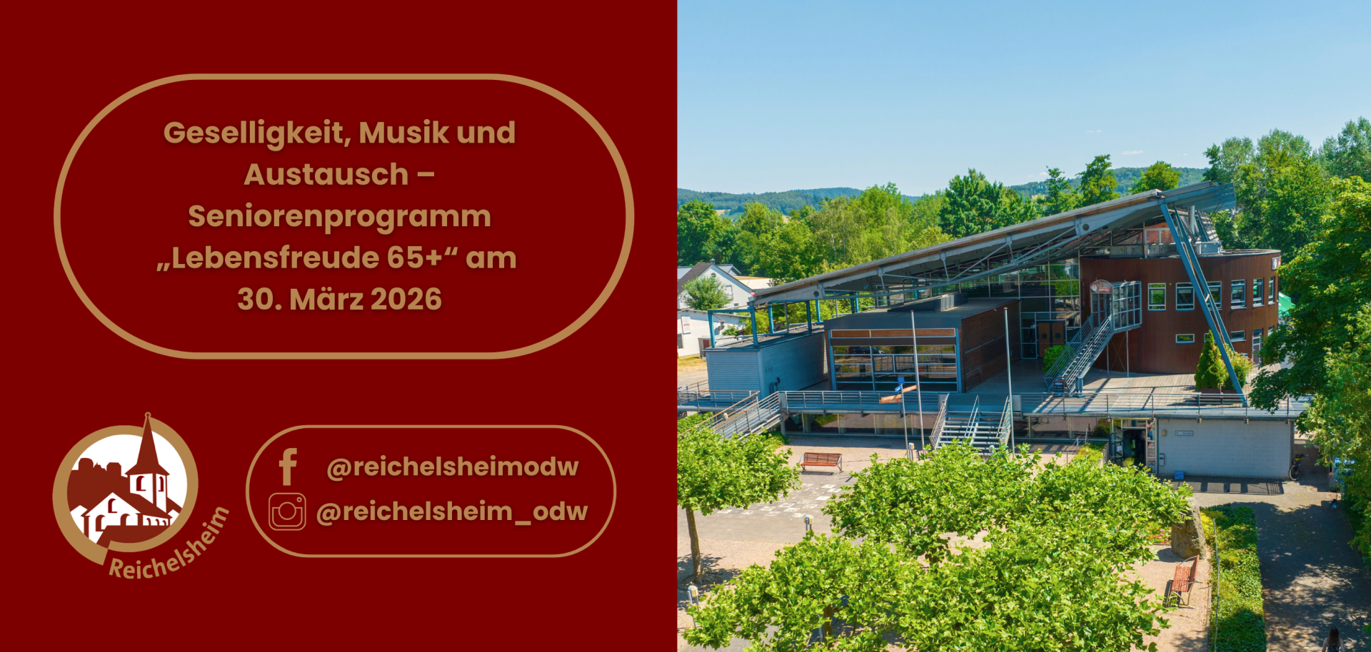 Bild der Reichenberghalle mit der Einladung zum Seniorennachmittag am 30. März 2026