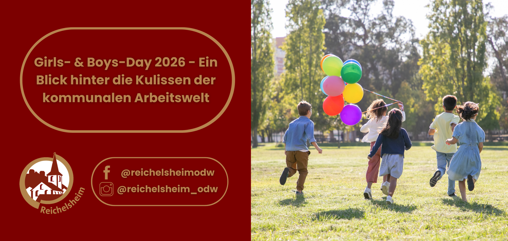 „Girls- & Boys-Day 2026 – Ein Blick hinter die Kulissen der kommunalen Arbeitswelt“. Rechts rennen Kinder mit bunten Luftballons über eine Wiese.