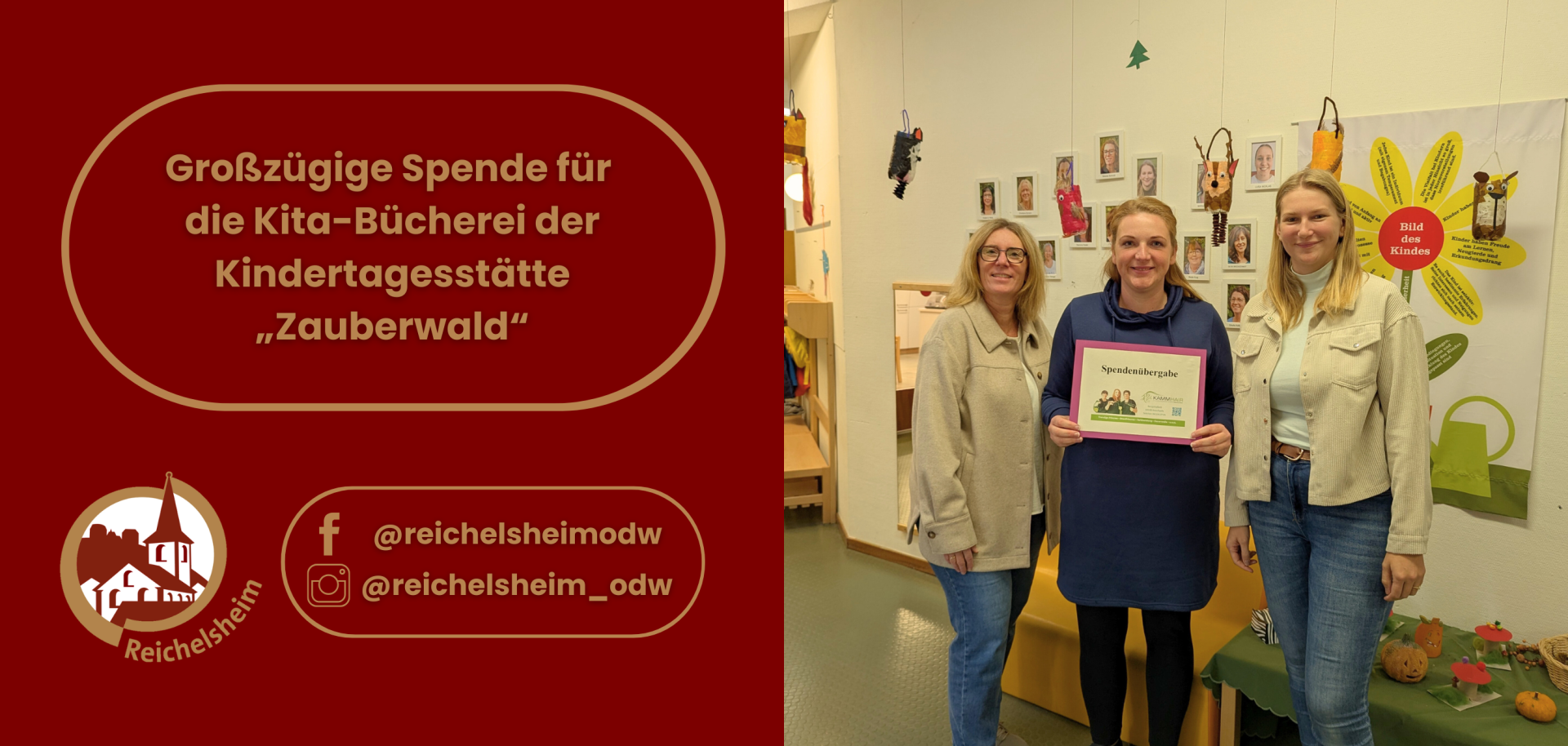 Zweigeteilte Übersicht. Auf der linken Seite ist der Titel des Artikels zu lesen und ein Hinweis auf die Social Media Kanäle der Gemeinde Reichelsheim zu sehen. Auf der rechten Seite ist ein zum Artikel passendes Bild platziert.