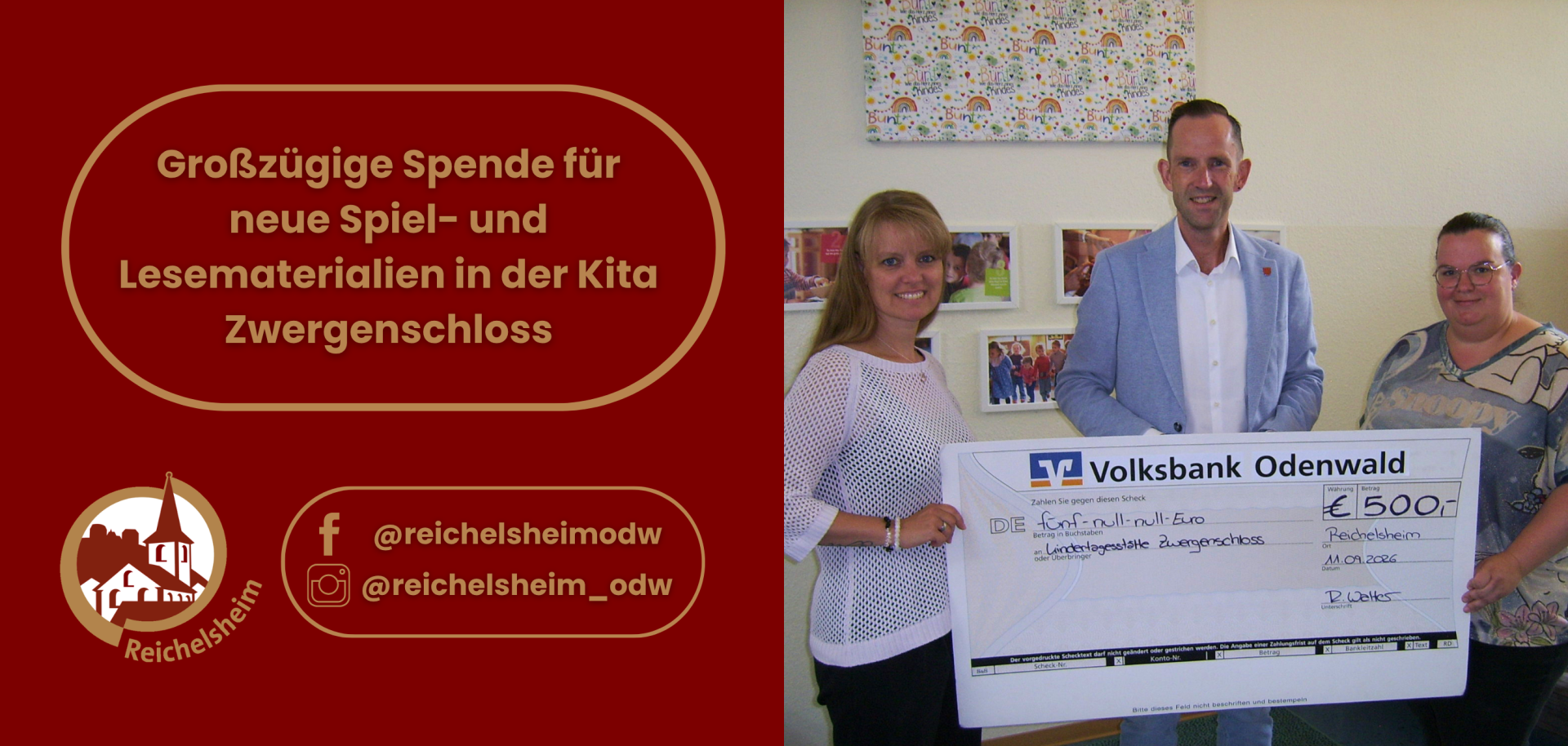Großzügige Spende für neue Spiel- und Lesematerialien in der Kita Zwergenschloss Drei Personen präsentieren einen 500-Euro-Scheck für neue Spiel- und Lesematerialien in der Kita Zwergenschloss.