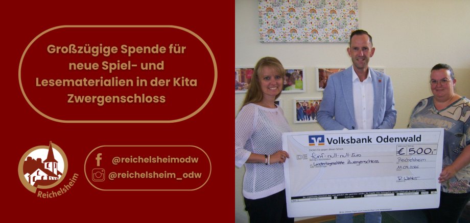 Großzügige Spende für neue Spiel- und Lesematerialien in der Kita Zwergenschloss Drei Personen präsentieren einen 500-Euro-Scheck für neue Spiel- und Lesematerialien in der Kita Zwergenschloss.