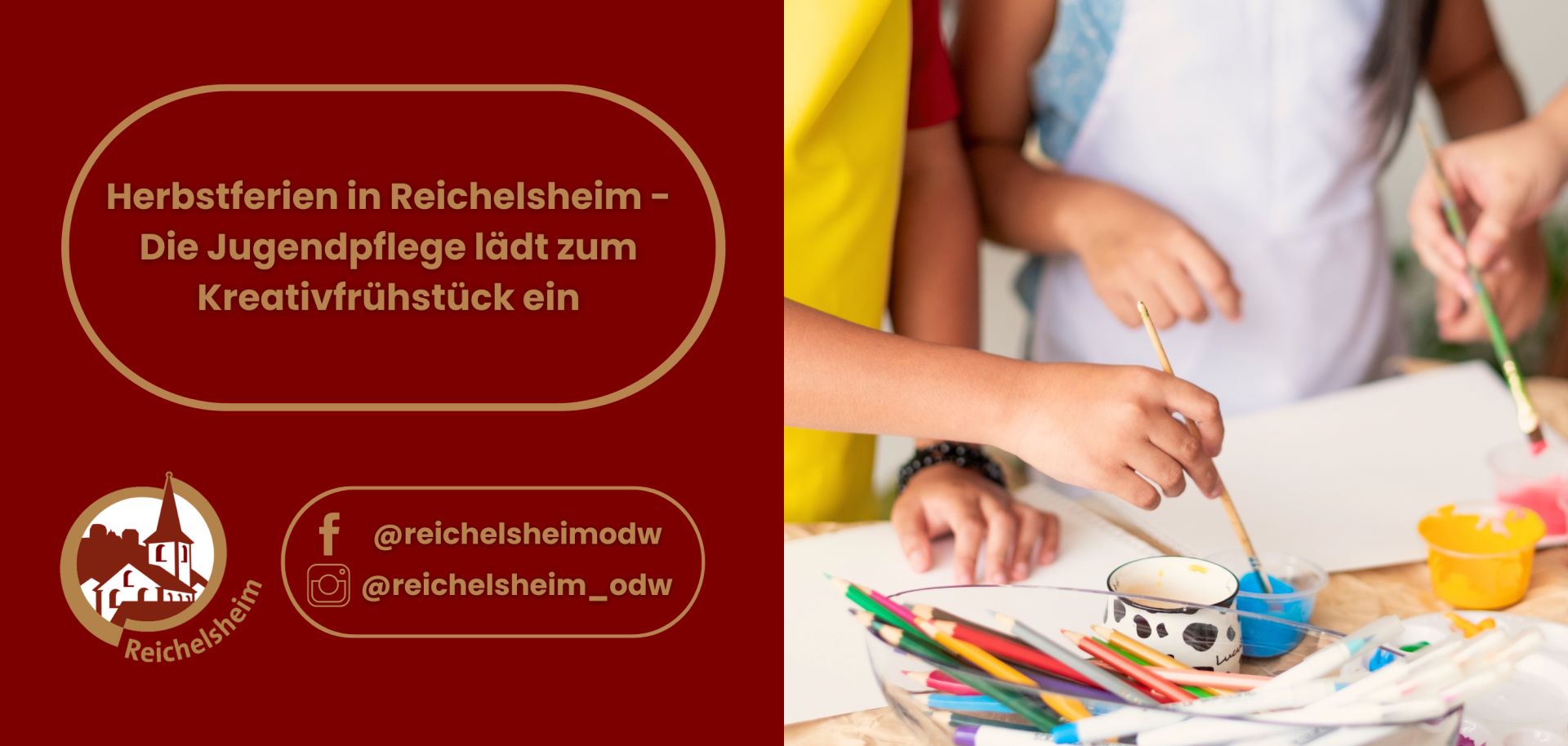 Zweigeteilte Übersicht. Auf der linken Seite ist der Titel des Artikels zu lesen und ein Hinweis auf die Social Media Kanäle der Gemeinde Reichelsheim zu sehen. Auf der rechten Seite ist ein zum Artikel passendes Bild platziert.