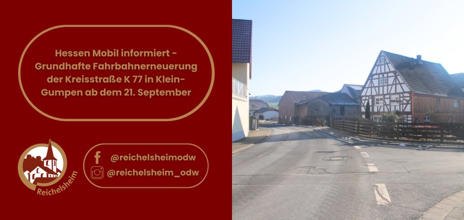 Hinweis auf die grundhafte Erneuerung der Kreisstraße K77 in Klein-Gumpen ab 21. September, mit Dorfansicht im Hintergrund.