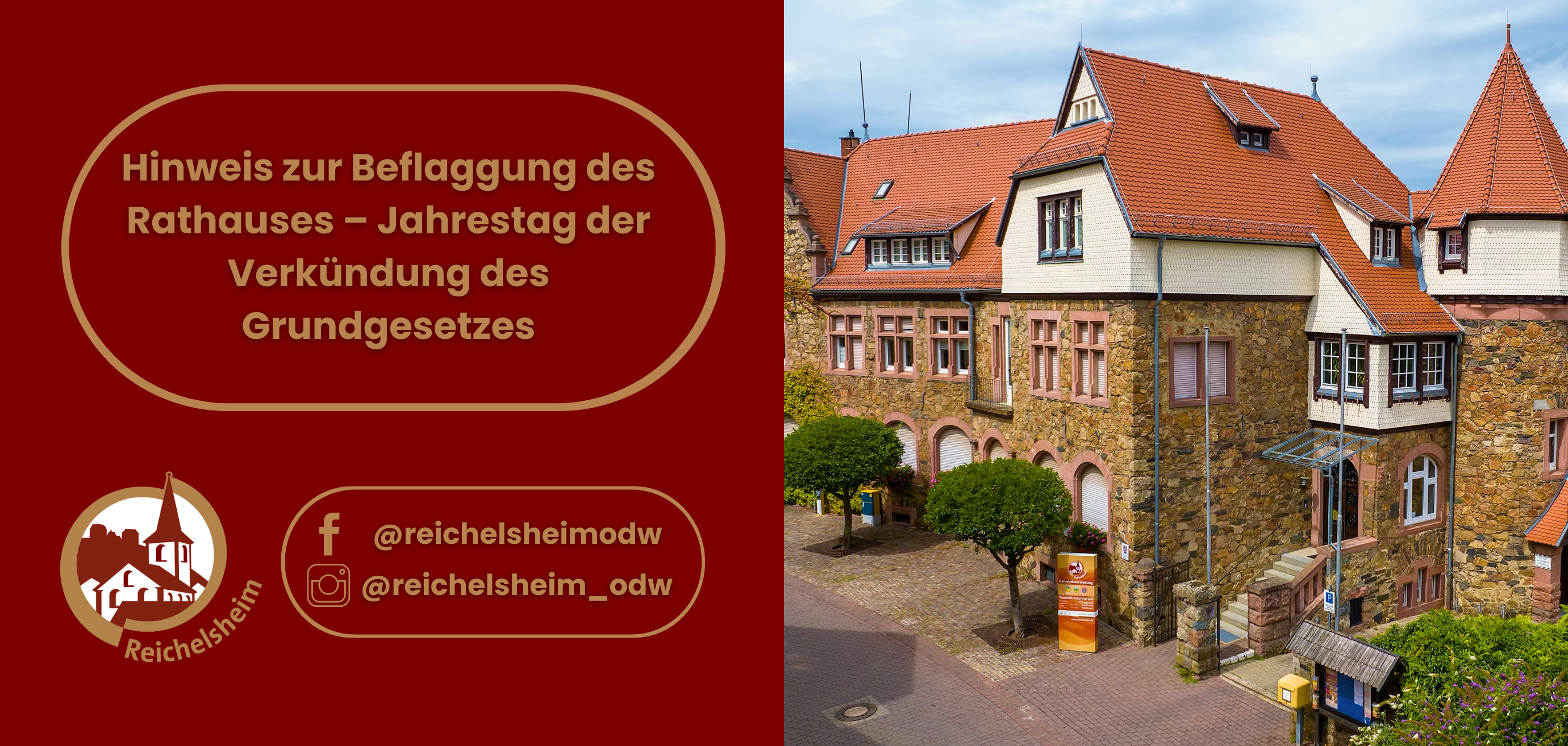 Vorlage Homepage 2025 - 1 Zweigeteilte Übersicht. Auf der linken Seite ist der Titel des Artikels zu lesen und ein Hinweis auf die Social Media Kanäle der Gemeinde Reichelsheim zu sehen. Auf der rechten Seite ist ein zum Artikel passendes Bild platziert.