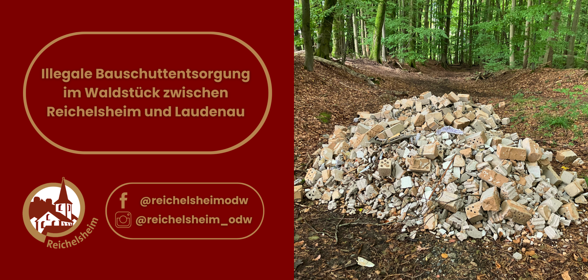 Zweigeteilte Übersicht. Auf der linken Seite ist der Titel des Artikels zu lesen und ein Hinweis auf die Social Media Kanäle der Gemeinde Reichelsheim zu sehen. Auf der rechten Seite ist ein zum Artikel passendes Bild platziert.