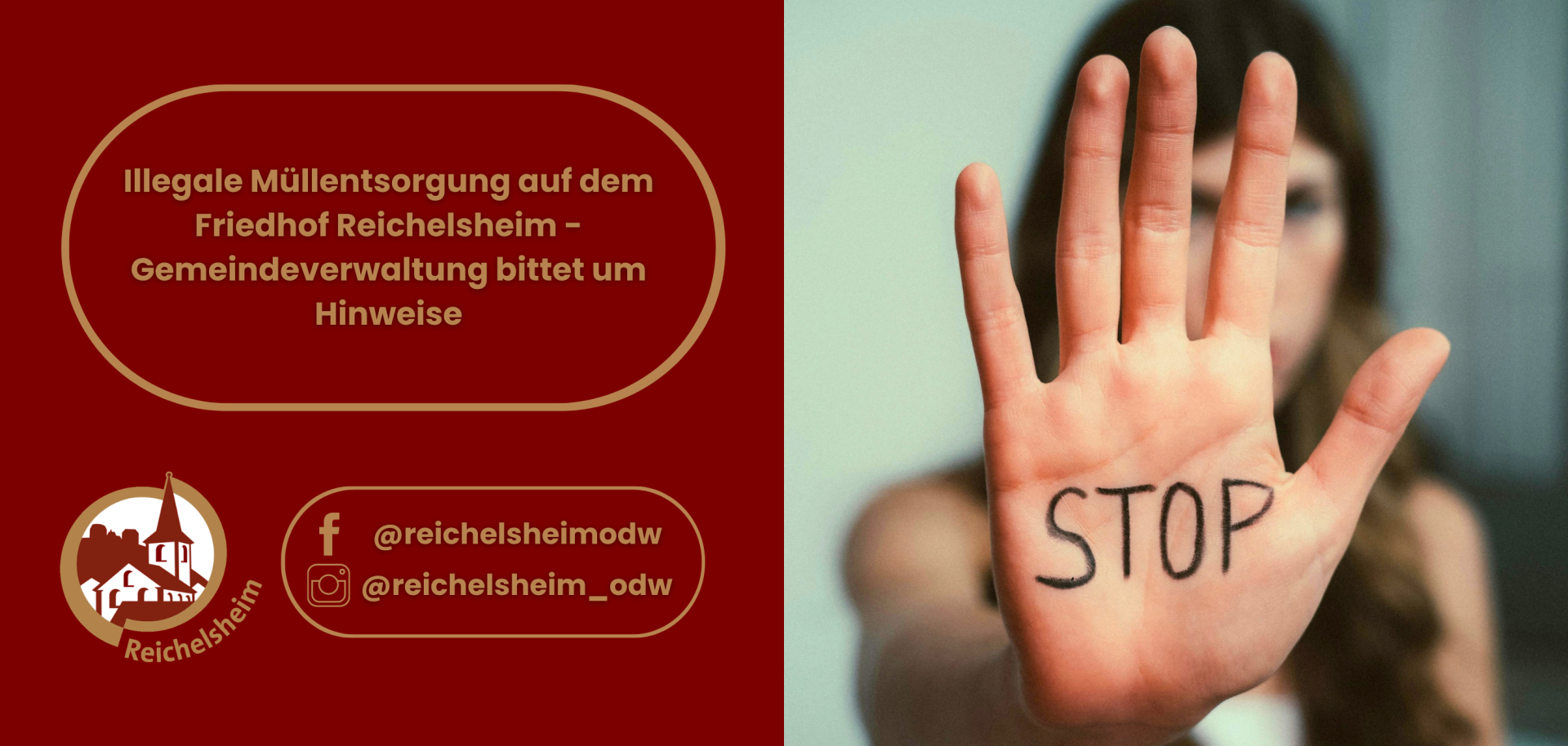 Hinweis auf illegale Müllentsorgung auf dem Friedhof Reichelsheim; eine erhobene Hand mit „STOP“ symbolisiert den Appell.