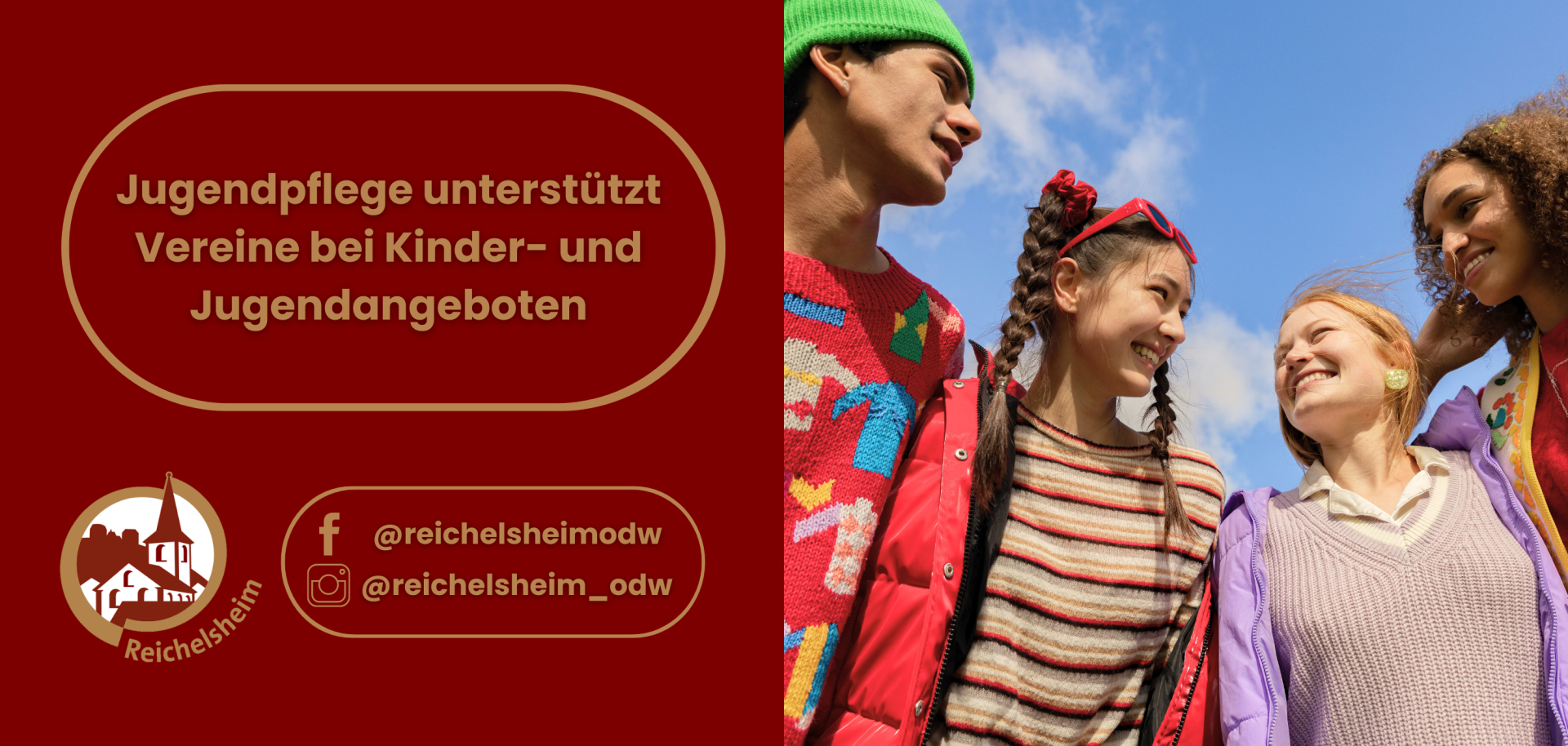 Zweigeteilte Übersicht. Auf der linken Seite ist der Titel des Artikels zu lesen und ein Hinweis auf die Social Media Kanäle der Gemeinde Reichelsheim zu sehen. Auf der rechten Seite ist ein zum Artikel passendes Bild platziert.