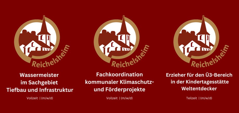 Karrieremöglichkeiten in Reichelsheim - Wir suchen Verstärkung! Stellenausschreibungen der Gemeinde Reichelsheim: Wassermeister (Vollzeit), Fachkoordination Klimaschutz (Vollzeit) und Erzieher Ü3 (Teilzeit). Alle Stellen (m/w/d).