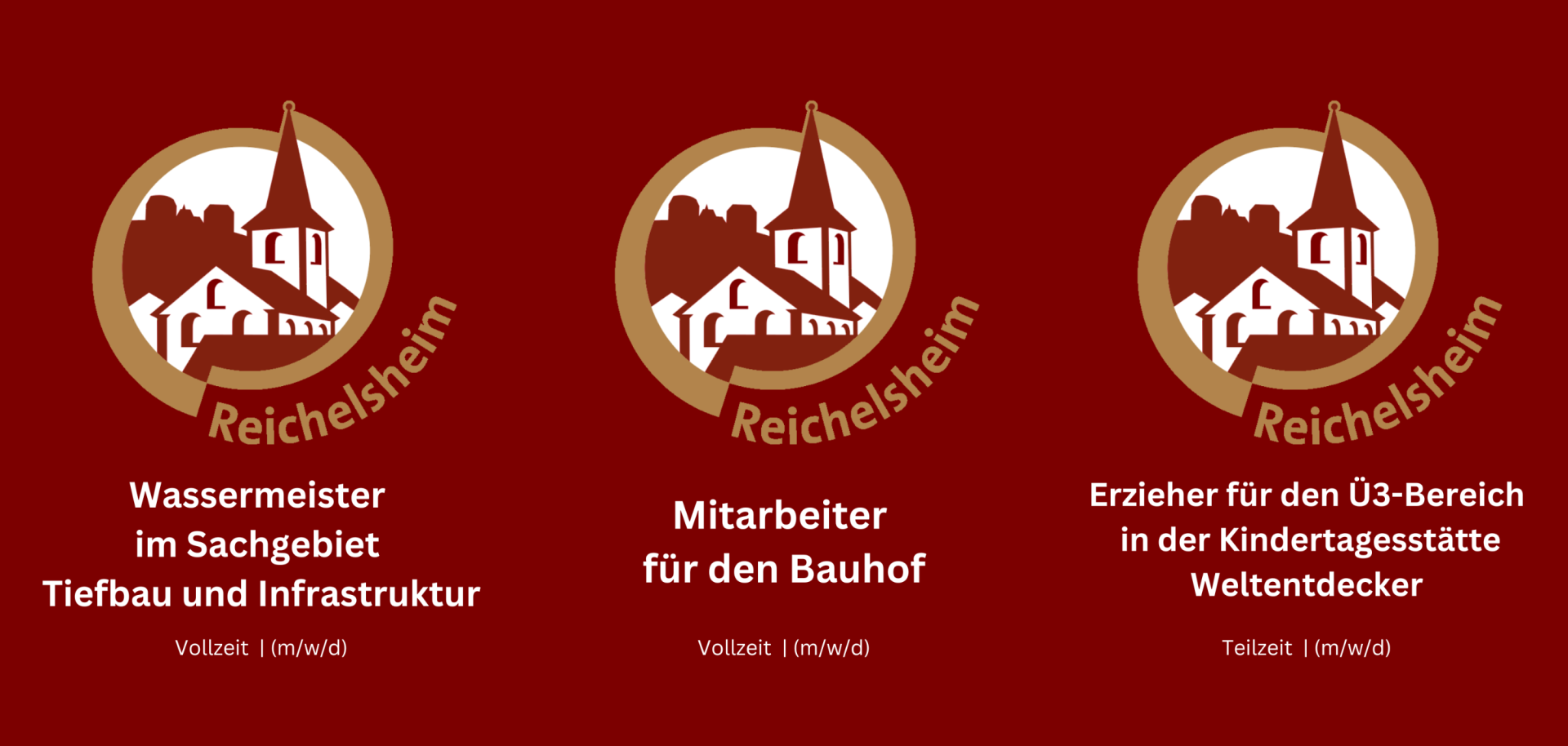 Stellenangebote der Gemeinde Reichelsheim: Wassermeister (Tiefbau), Mitarbeiter Bauhof sowie Erzieher für den Ü3-Bereich.