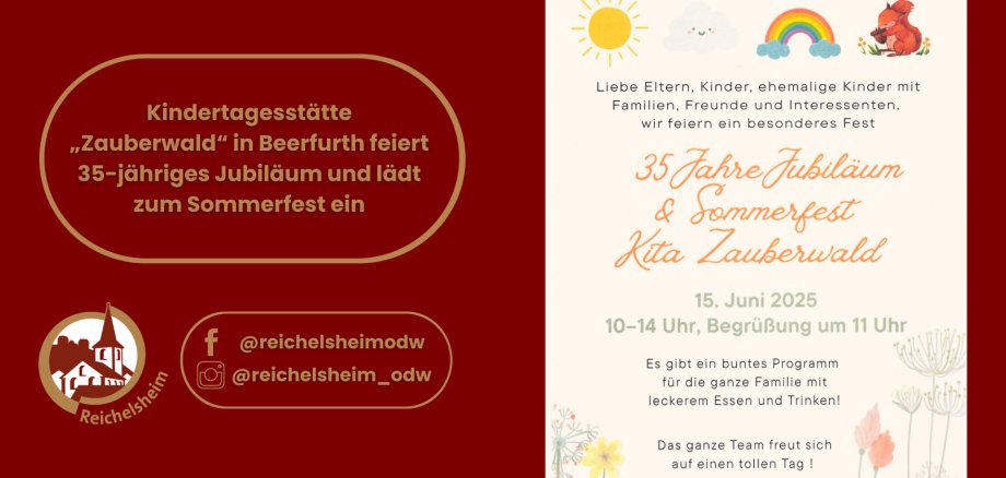 Zweigeteilte Übersicht. Auf der linken Seite ist der Titel des Artikels zu lesen und ein Hinweis auf die Social Media Kanäle der Gemeinde Reichelsheim zu sehen. Auf der rechten Seite ist ein zum Artikel passendes Bild platziert.