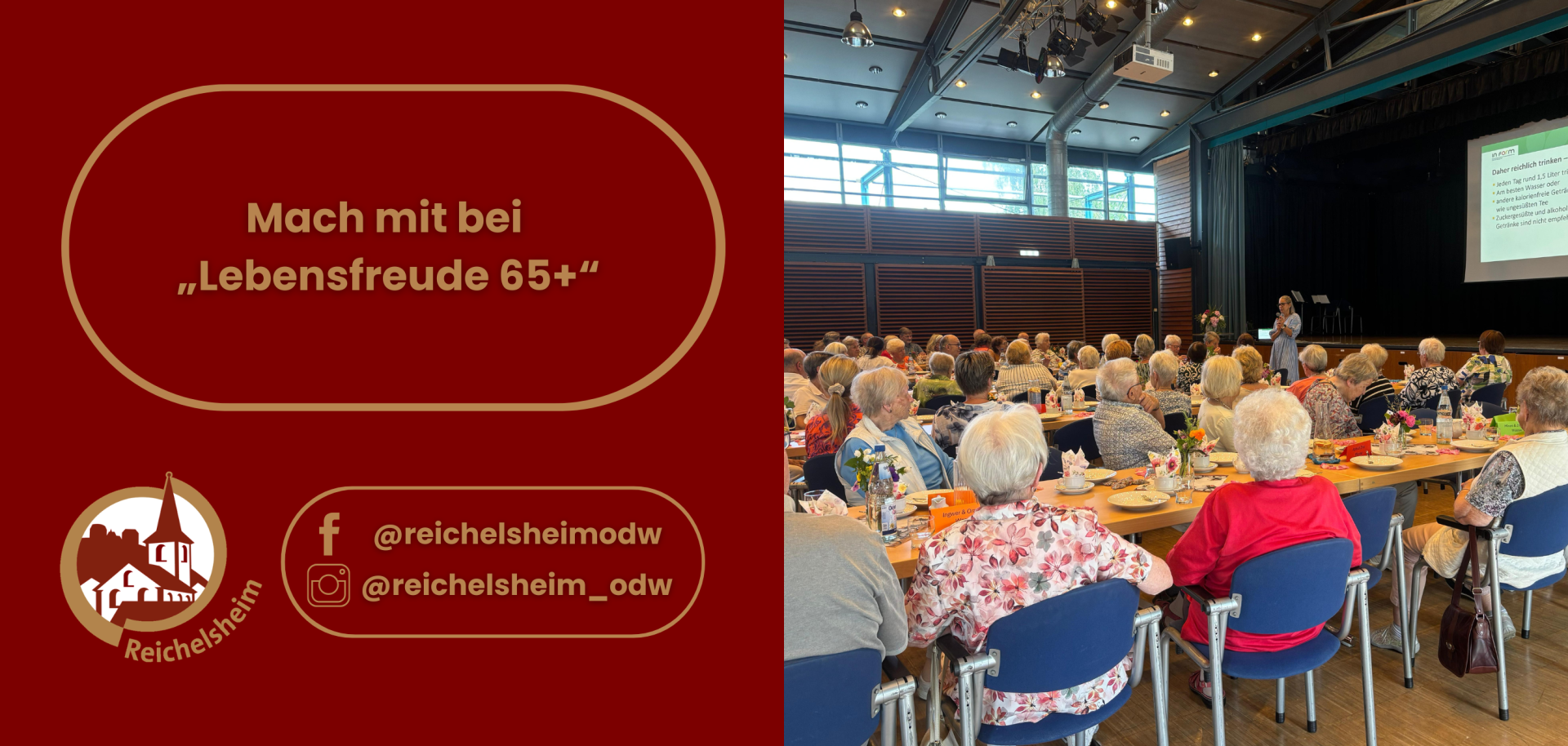Mach mit bei „Lebensfreude 65+“ Infografik „Lebensfreude 65+“: Senioren sitzen an Tischen in einem Saal und lauschen einem Vortrag auf einer Bühne.