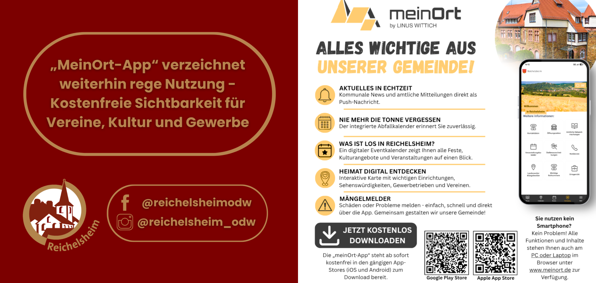 „MeinOrt-App“ verzeichnet weiterhin rege Nutzung - Kostenfreie Sichtbarkeit für Vereine, Kultur und Gewerbe Werbung für die kostenlose „meinOrt-App“ mit Gemeinde Nachrichten, Veranstaltungskalender, Mängelmelder und QR-Codes zum Download.