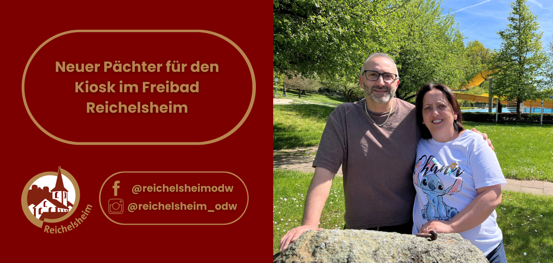 Grafik: „Neuer Pächter für den Kiosk im Freibad Reichelsheim“. Daneben stehen zwei Personen im sonnigen Freibadgelände, unten Social‑Media‑Hinweise.