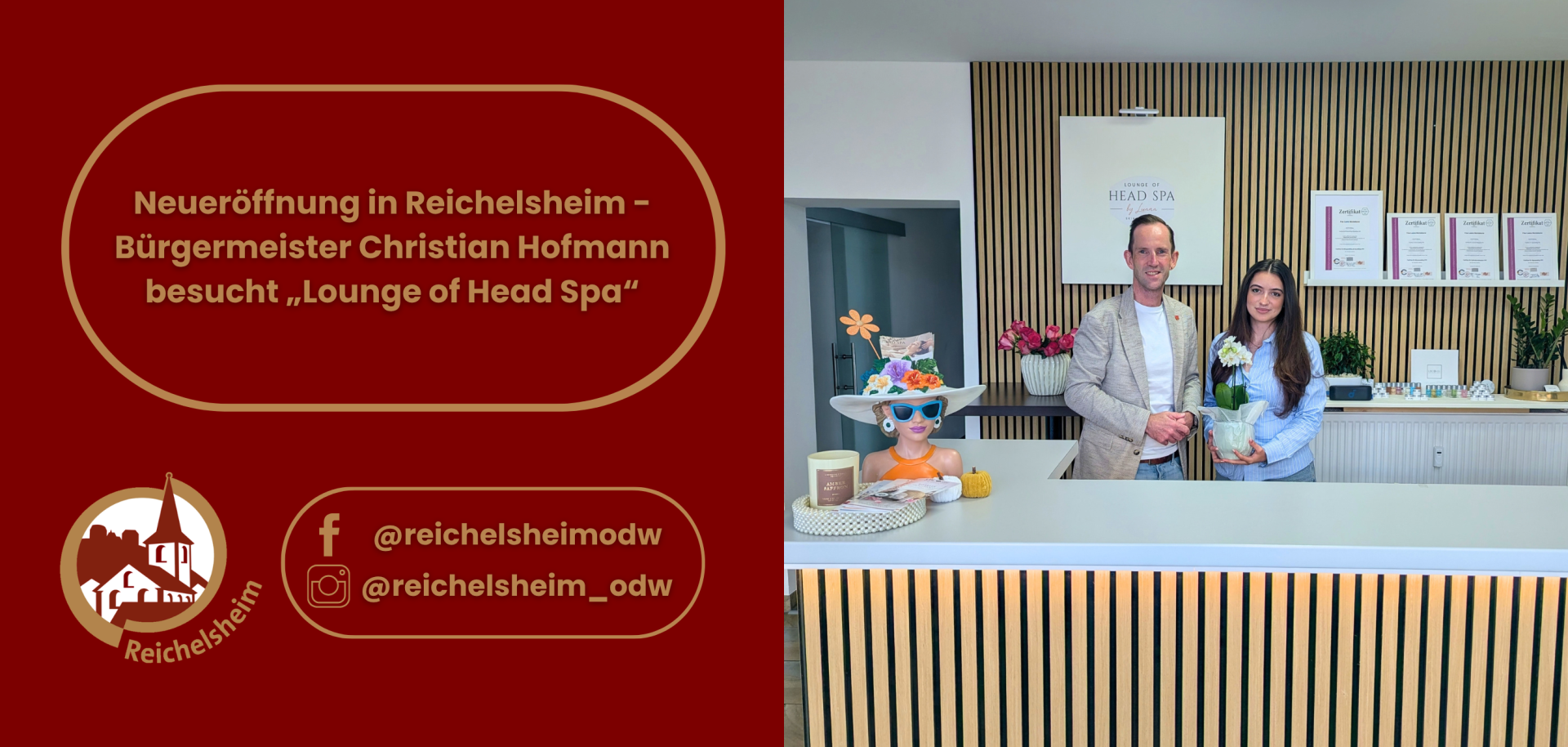 Neueröffnung in Reichelsheim - Bürgermeister Christian Hofmann besucht „Lounge of Head Spa“ Grafik zur Neueröffnung der „Lounge of Head Spa“ in Reichelsheim: Bürgermeister Christian Hofmann und eine Mitarbeiterin stehen am Empfang.