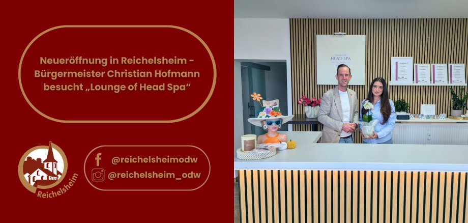 Grafik zur Neueröffnung der „Lounge of Head Spa“ in Reichelsheim: Bürgermeister Christian Hofmann und eine Mitarbeiterin stehen am Empfang.