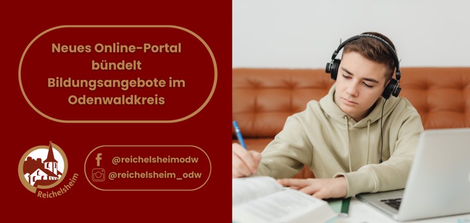 Neues Online-Portal bündelt Bildungsangebote im Odenwaldkreis Grafik: Text „Neues Online‑Portal bündelt Bildungsangebote im Odenwaldkreis“. Daneben lernt eine Person mit Kopfhörern am Laptop und schreibt mit.