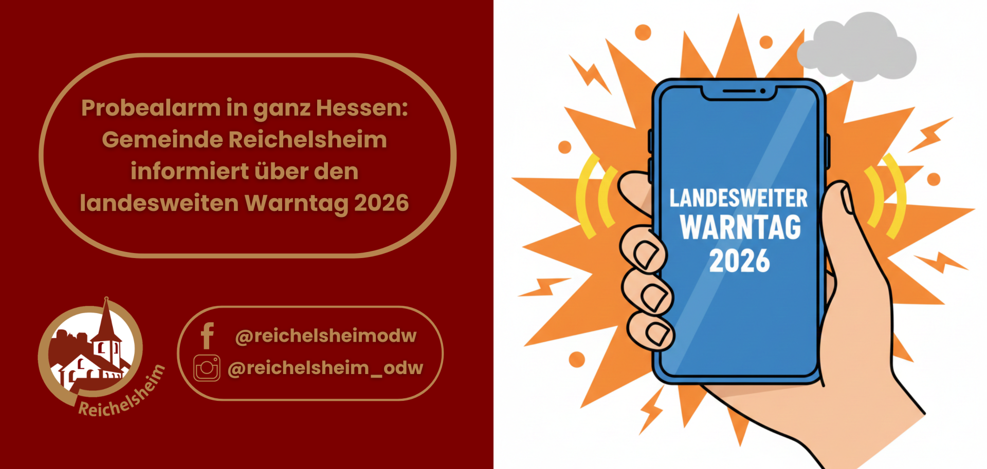 Hand hält Smartphone mit "LANDESWEITER WARNTAG 2026" und Warntönen. Text: Reichelsheim informiert über Probealarm in ganz Hessen 2026.