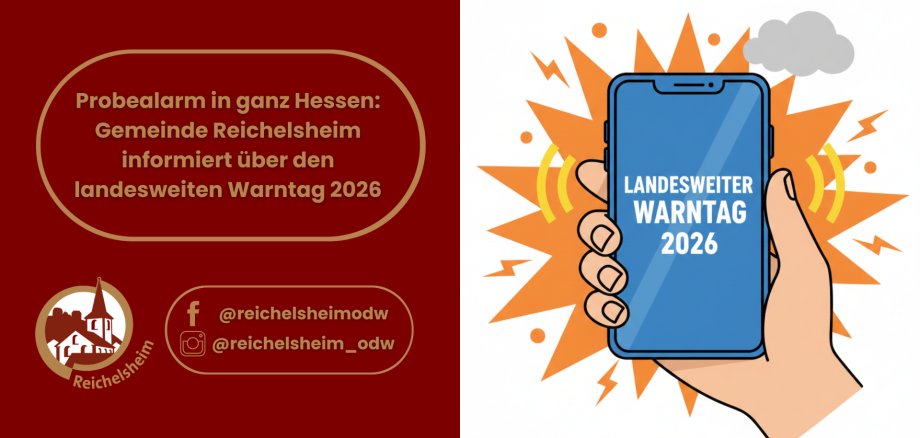 Hand hält Smartphone mit "LANDESWEITER WARNTAG 2026" und Warntönen. Text: Reichelsheim informiert über Probealarm in ganz Hessen 2026.