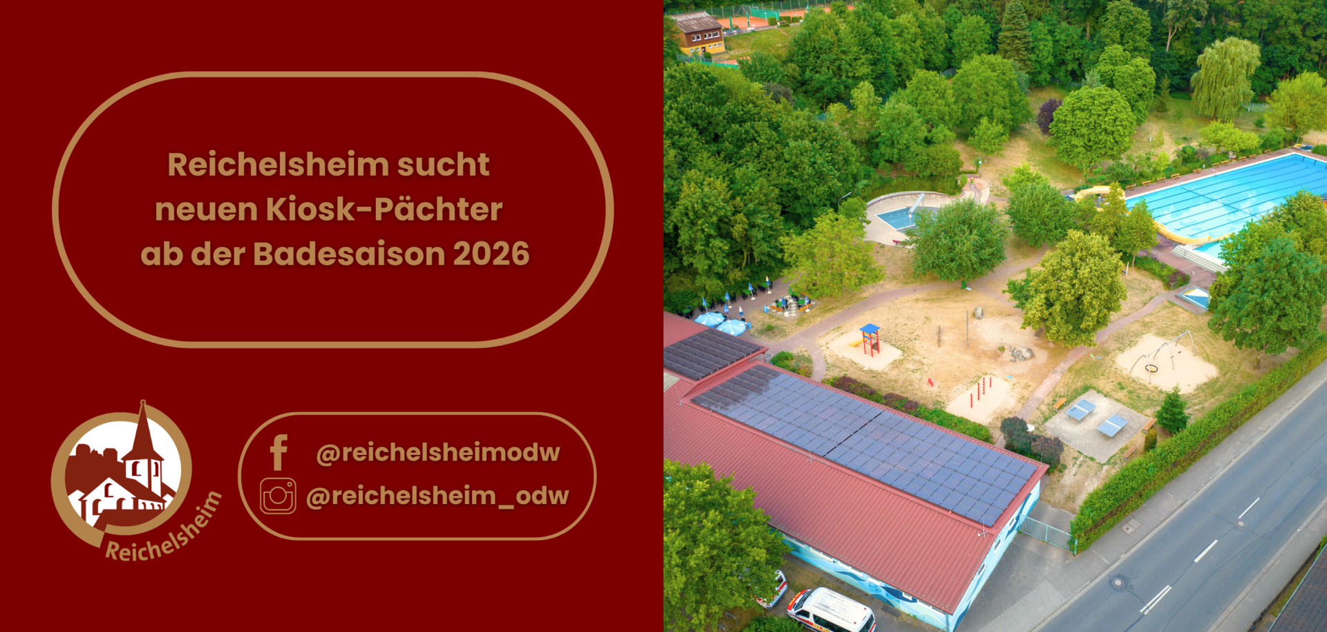 Zweigeteilte Übersicht. Auf der linken Seite ist der Titel des Artikels zu lesen und ein Hinweis auf die Social Media Kanäle der Gemeinde Reichelsheim zu sehen. Auf der rechten Seite ist ein zum Artikel passendes Bild platziert.