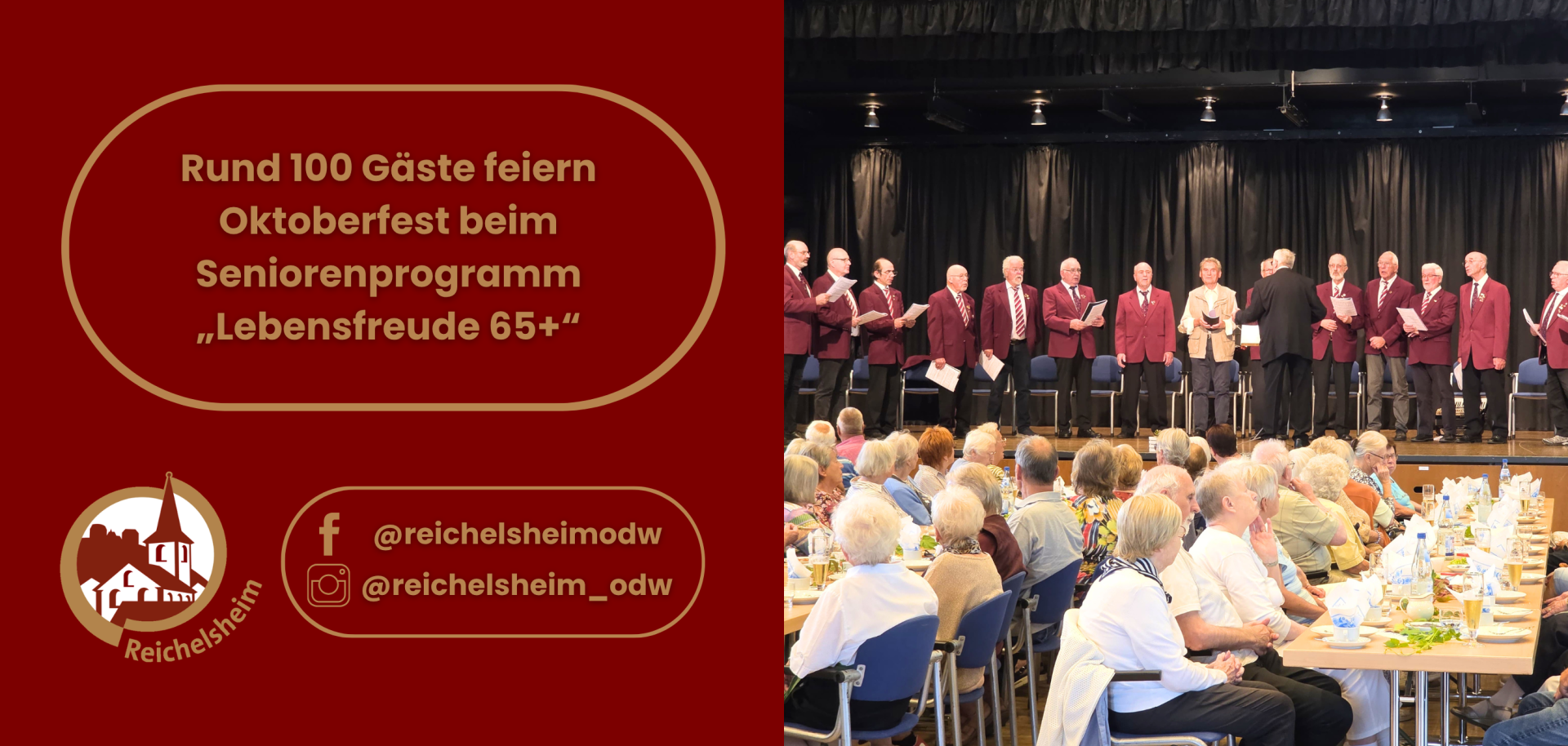 Rund 100 Gäste feiern Oktoberfest beim Seniorenprogramm „Lebensfreude 65+“ Grafik zum Oktoberfest des Seniorenprogramms „Lebensfreude 65+“: Rund 100 Gäste sitzen vor einer Bühne mit singenden Männern in roten Sakkos.