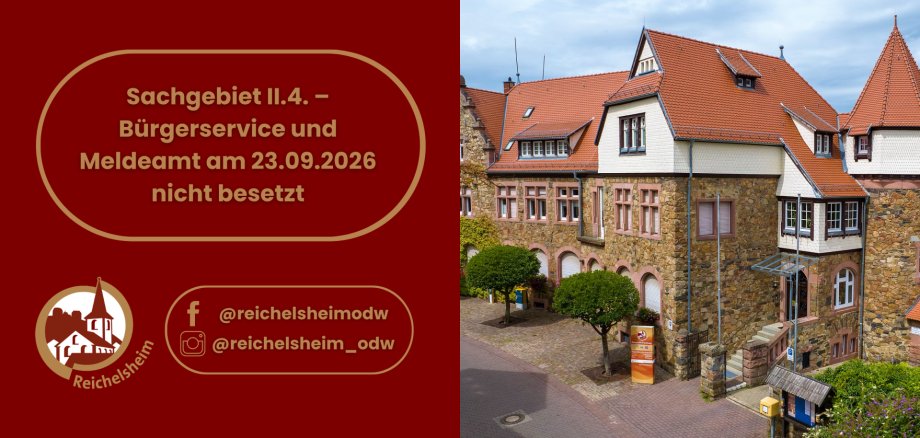 Sachgebiet II.4. – Bürgerservice und Meldeamt am 23.09.2026 nicht besetzt Grafik mit Rathausansicht und Hinweis: „Sachgebiet II.4. – Bürgerservice und Meldeamt am 23.09.2026 nicht besetzt“.