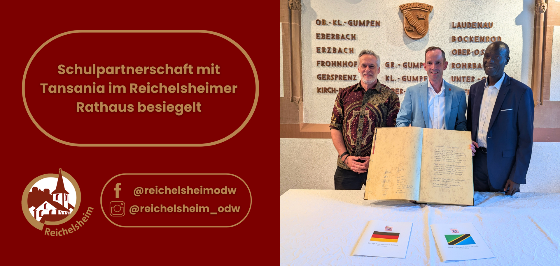 Geteiltes Bild: links Hinweis auf eine Schulpartnerschaft mit Tansania, rechts drei Männer mit geöffnetem Partnerschaftsbuch im Rathaus.