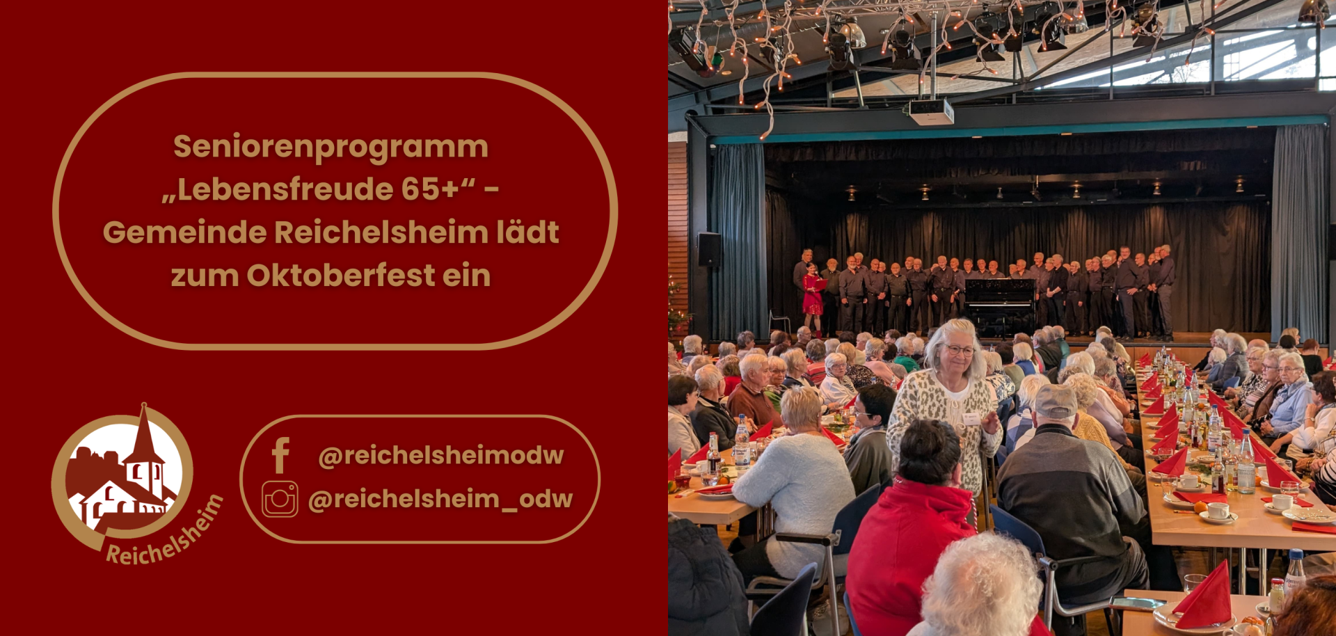 Seniorenprogramm „Lebensfreude 65+“ - Gemeinde Reichelsheim lädt zum Oktoberfest ein Werbung für das Seniorenprogramm „Lebensfreude 65+“: Zahlreiche ältere Menschen sitzen beim Oktoberfest vor einem Chor auf einer Bühne.