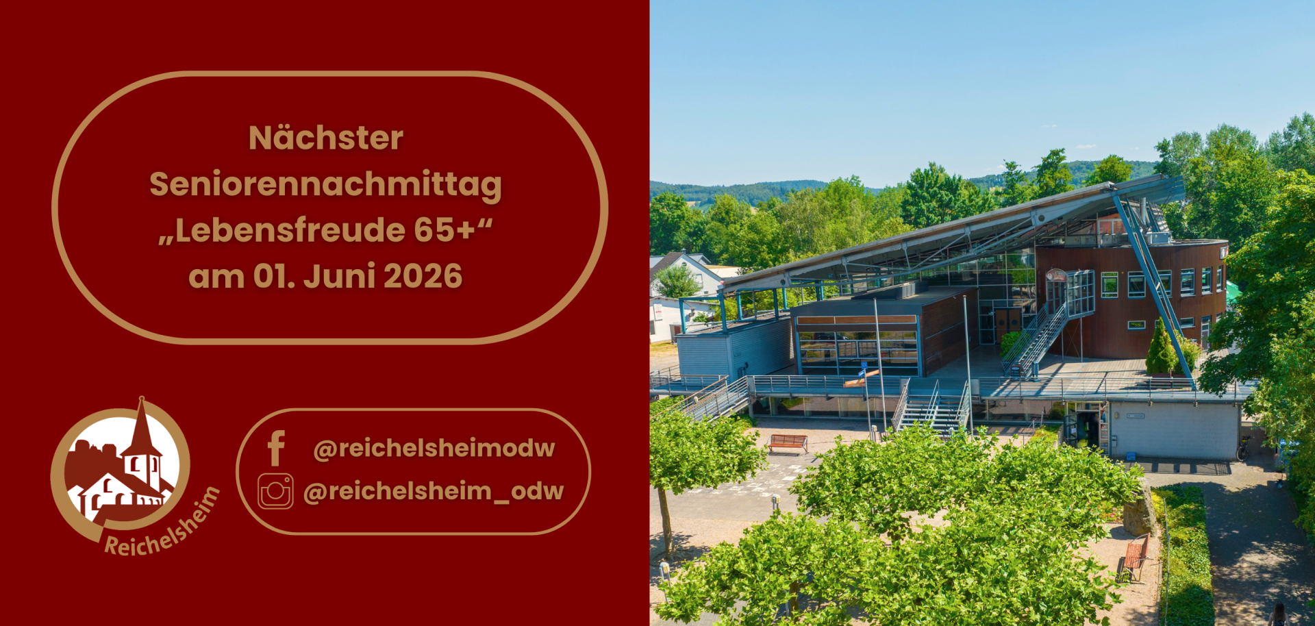 Seniorenprogramm „Lebensfreude 65+“ - Tipps für eine gesunde Ernährung im Sommer Grafik: Ankündigung „Seniorennachmittag Lebensfreude 65+“ am 1. Juni 2026; rechts Foto eines modernen Veranstaltungsgebäudes mit Bäumen.