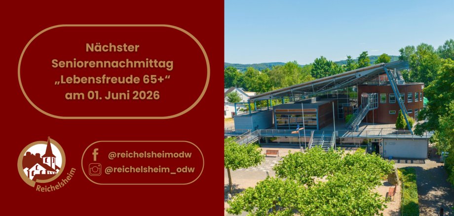 Seniorenprogramm „Lebensfreude 65+“ - Tipps für eine gesunde Ernährung im Sommer Grafik: Ankündigung „Seniorennachmittag Lebensfreude 65+“ am 1. Juni 2026; rechts Foto eines modernen Veranstaltungsgebäudes mit Bäumen.
