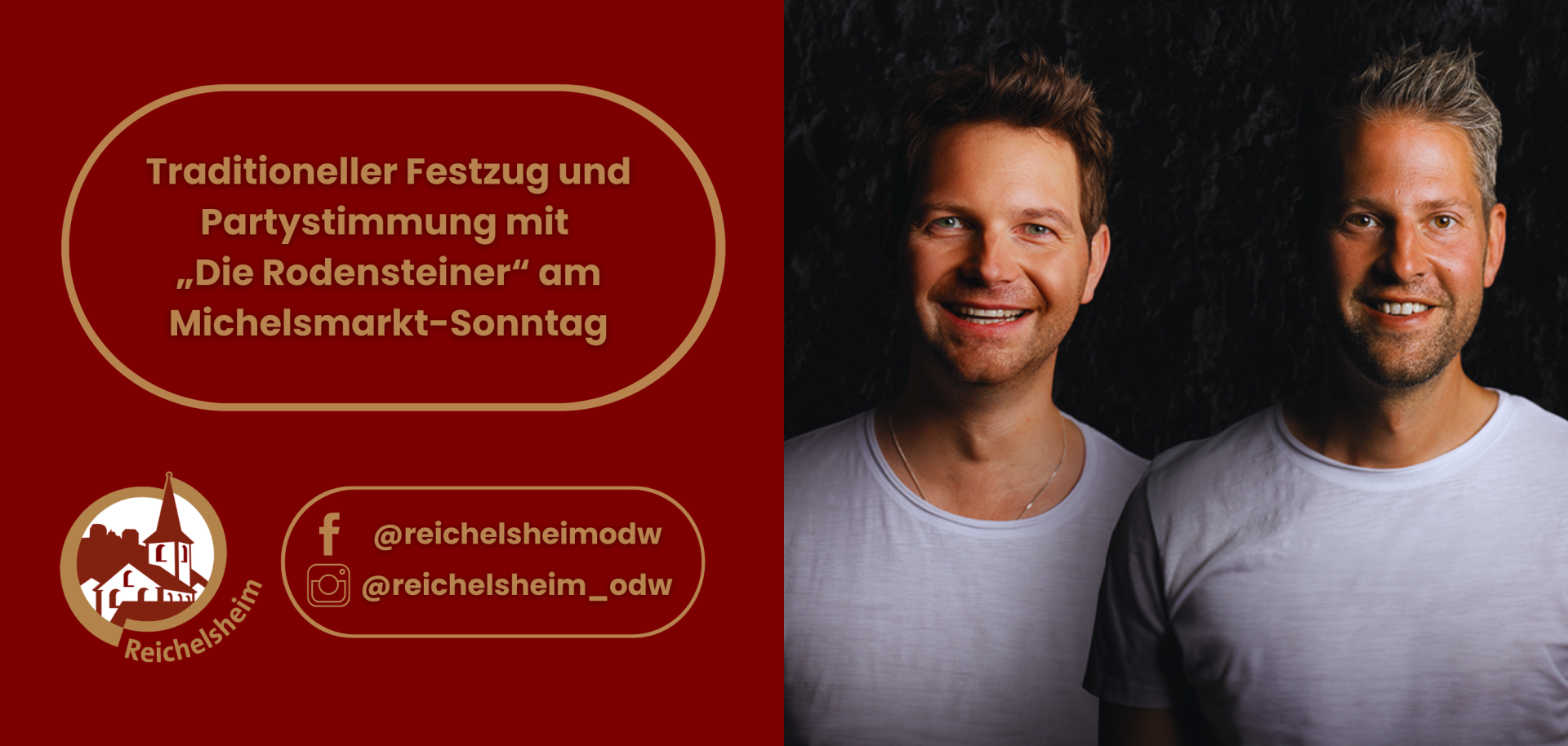 Michelsmarkt-Sonntag mit „Die Rodensteiner“. Rechts ein Porträt der zwei lächelnden Musiker in weißen T-Shirts vor dunklem Hintergrund.