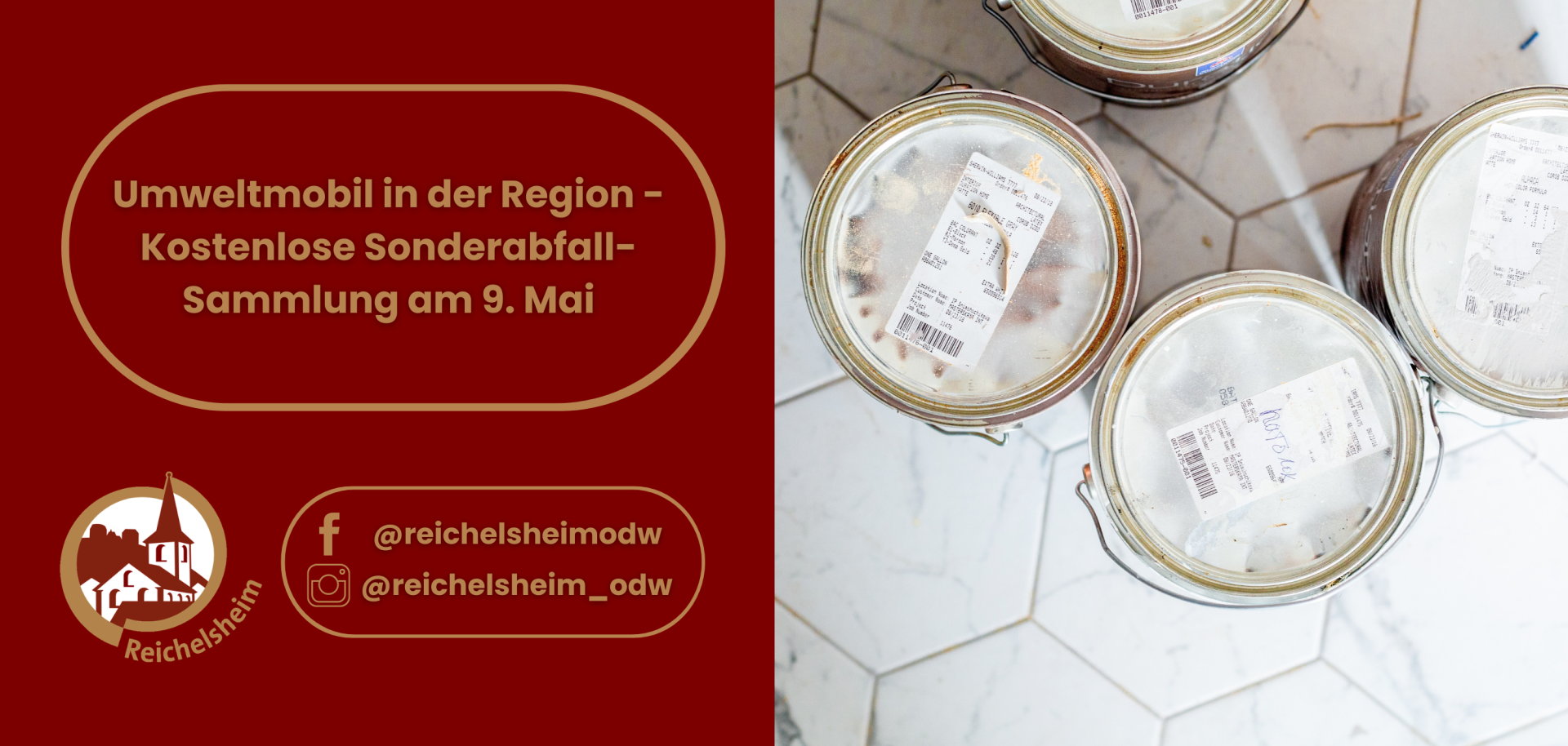 Grafik: Hinweis „Umweltmobil – kostenlose Sonderabfall-Sammlung am 9. Mai“. Rechts obenansicht mehrerer verschlossener Farbeimer; unten Social‑Media‑Handles.