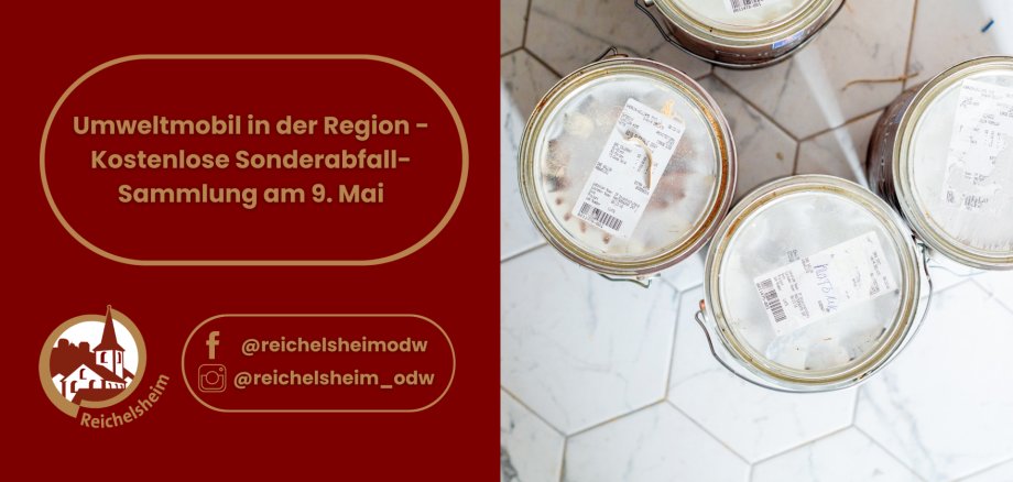 Grafik: Hinweis „Umweltmobil – kostenlose Sonderabfall-Sammlung am 9. Mai“. Rechts obenansicht mehrerer verschlossener Farbeimer; unten Social‑Media‑Handles.