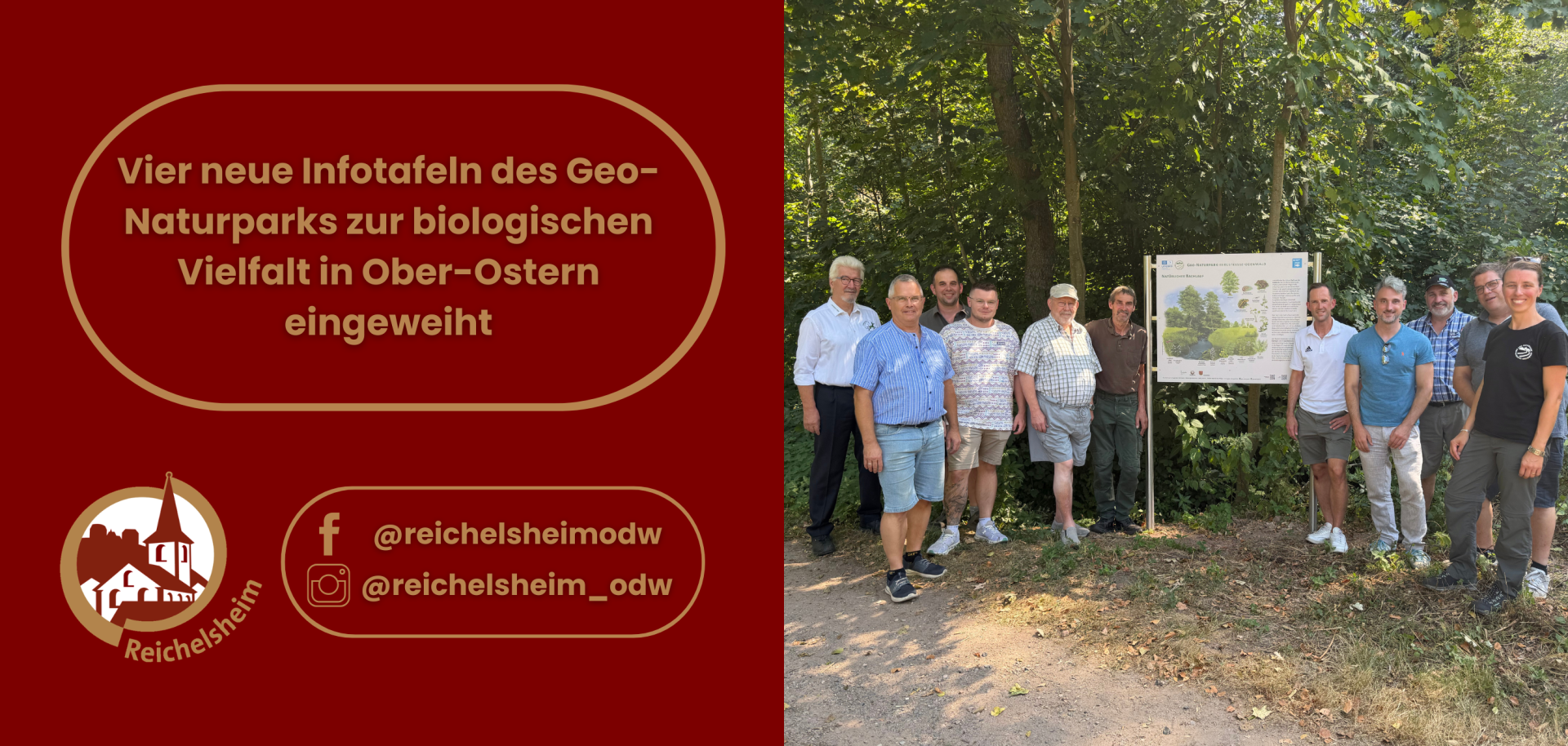 An einer Infotafel zur biologischen Vielfalt im Geo-Naturpark stehen elf Menschen im Wald; links Ankündigung und Reichelsheim-Logo.