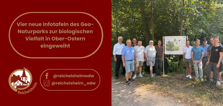 An einer Infotafel zur biologischen Vielfalt im Geo-Naturpark stehen elf Menschen im Wald; links Ankündigung und Reichelsheim-Logo.