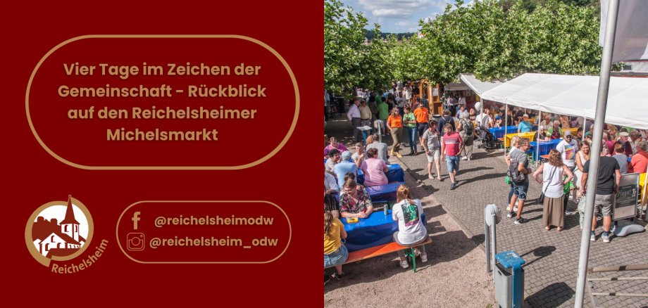 Vier Tage im Zeichen der Gemeinschaft - Rückblick auf den Reichelsheimer Michelsmarkt Hinweis auf einen Rückblick zum Reichelsheimer Michelsmarkt: Menschen feiern gemeinsam an Ständen und Biertischen unter Sonnenschirmen.