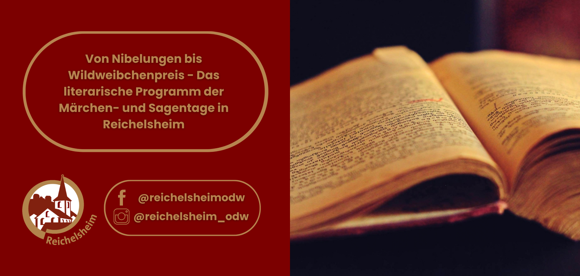 Ankündigung des literarischen Programms der Reichelsheimer Märchen- und Sagentage mit Lesungen von Nibelungen bis Wildweibchenpreis.