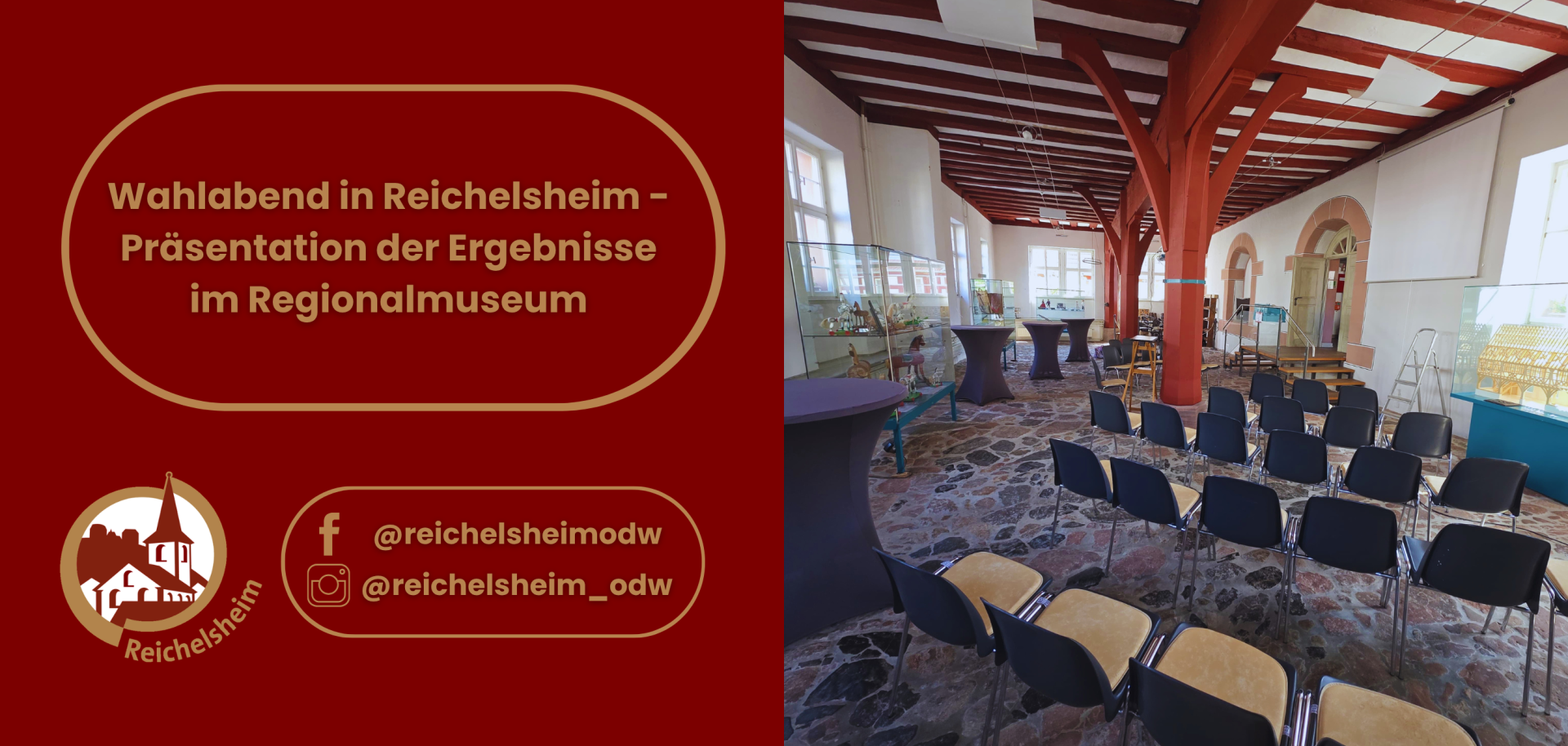 Wahlabend in Reichelsheim: Präsentation im Regionalmuseum. Das Foto zeigt den mit Stuhlreihen vorbereiteten historischen Veranstaltungssaal.