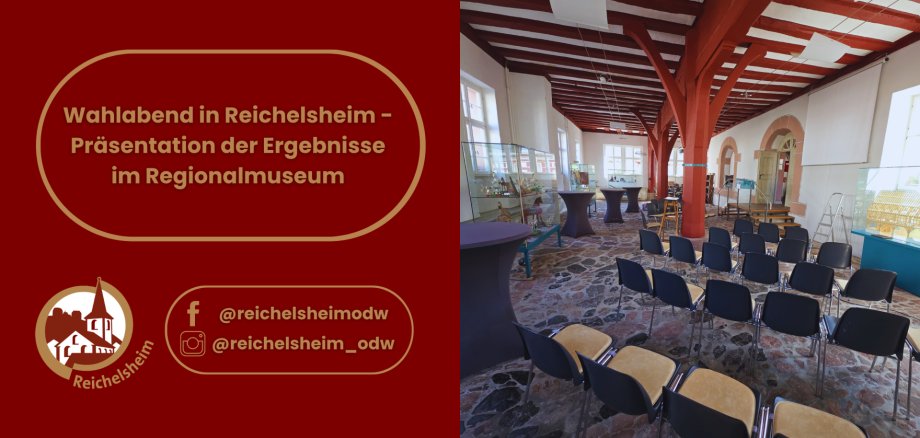 Wahlabend in Reichelsheim: Präsentation im Regionalmuseum. Das Foto zeigt den mit Stuhlreihen vorbereiteten historischen Veranstaltungssaal.