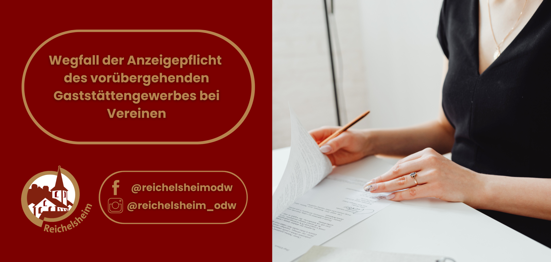 Grafik: Hinweis „Wegfall der Anzeigepflicht des vorübergehenden Gaststättengewerbes bei Vereinen“, daneben Frau unterschreibt Dokument am Schreibtisch.