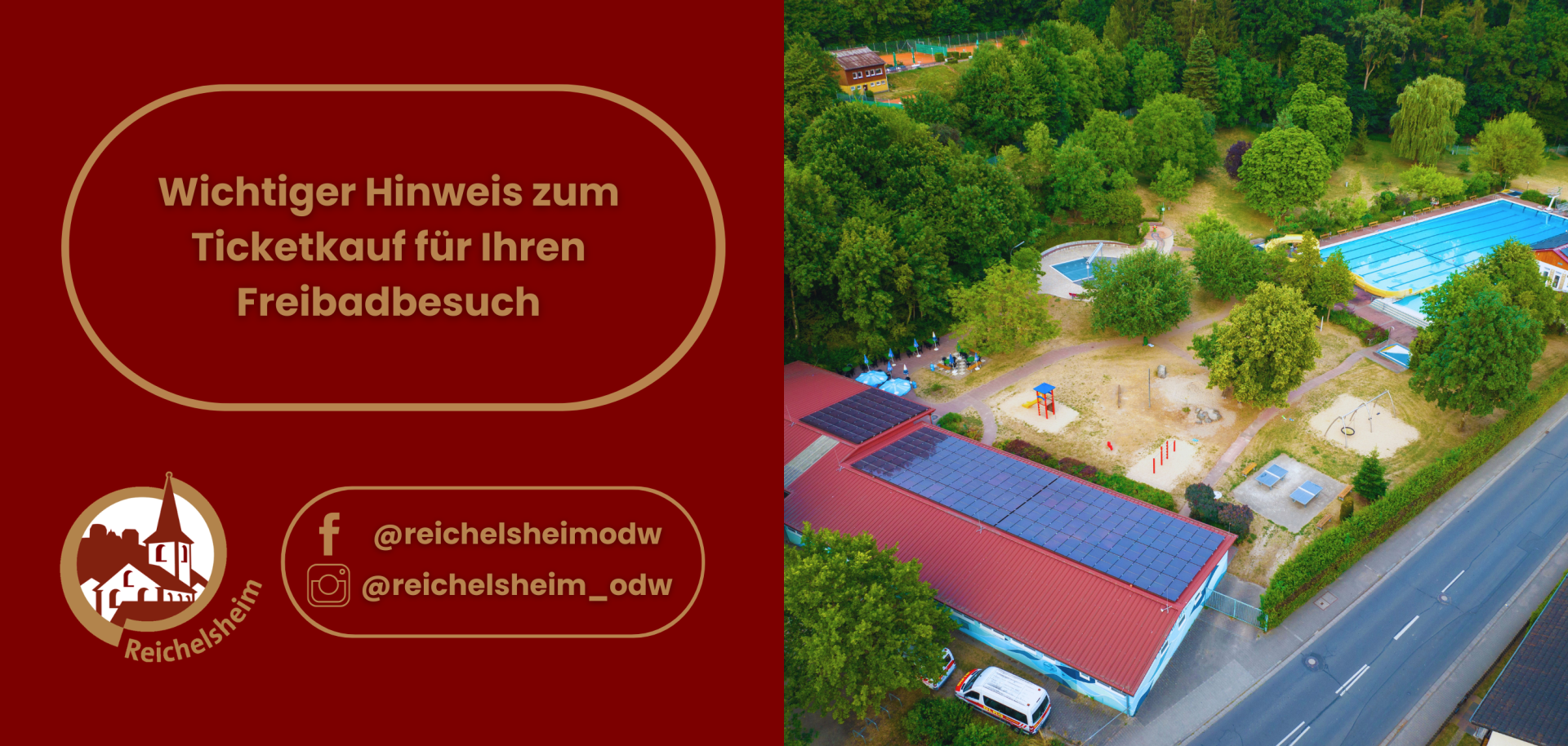 Drohnenblick aufs Reichelsheimer Freibad: großes Becken, Spielplatz, Wege im Grün; rechts Straße, unten Gebäude mit Solardach und Rettungswagen.