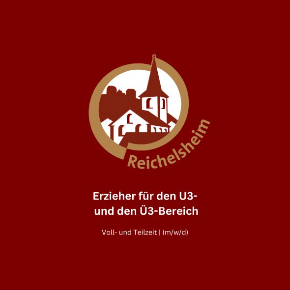 Einfarbiger Hintergrund mit dem Logo der Gemeinde Reichelsheim in der oberen Hälfte des Bildes, sowie einer Beschreibung der ausgeschriebenen Stelle und Hinweisen über die Art der ausgeschriebenen Stelle in der unteren Hälfte