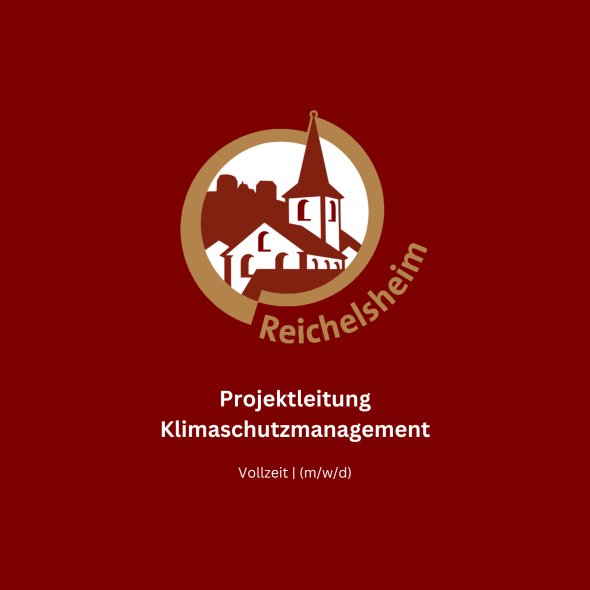 Einfarbiger Hintergrund mit dem Logo der Gemeinde Reichelsheim in der oberen Hälfte des Bildes, sowie einer Beschreibung der ausgeschriebenen Stelle und Hinweisen über die Art der ausgeschriebenen Stelle in der unteren Hälfte